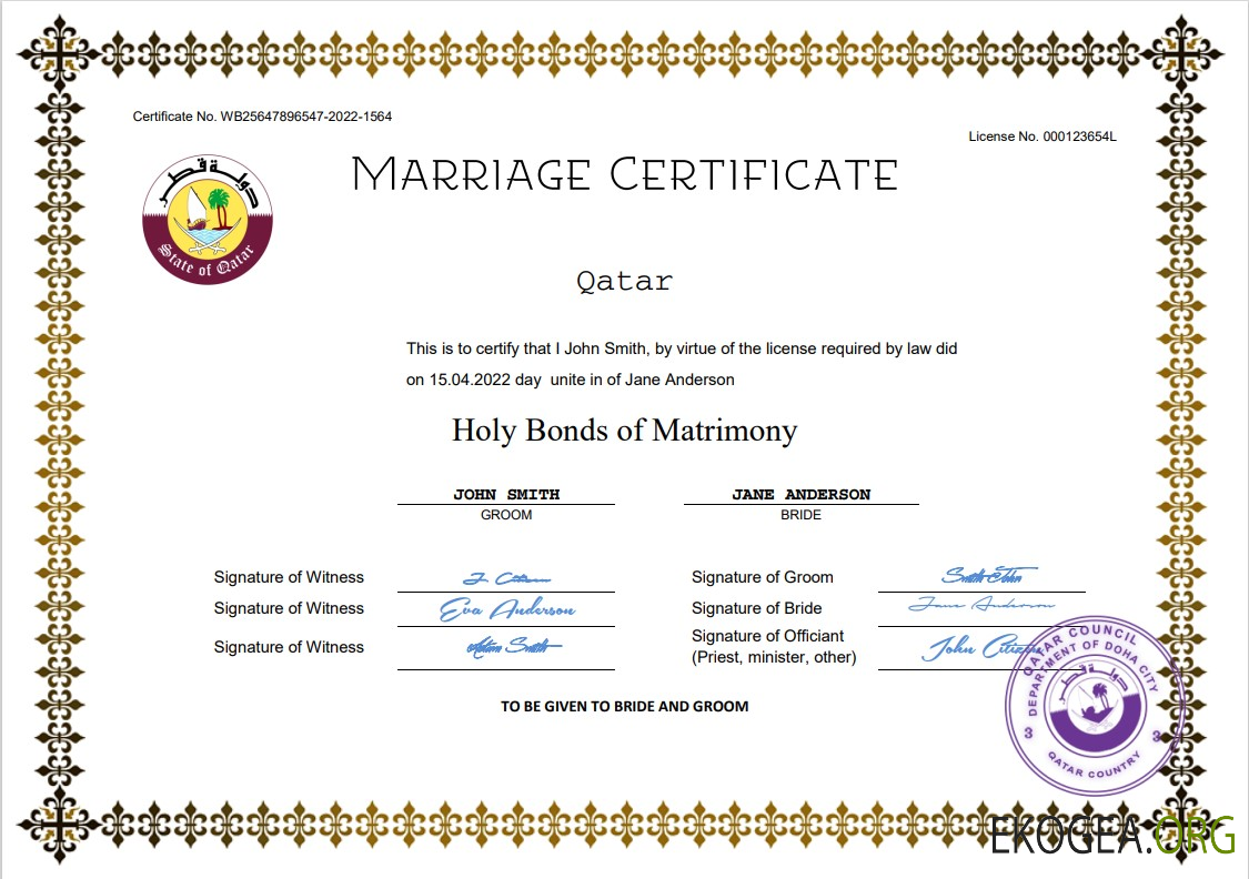 Modèle Word et PDF de certificat de mariage du Qatar